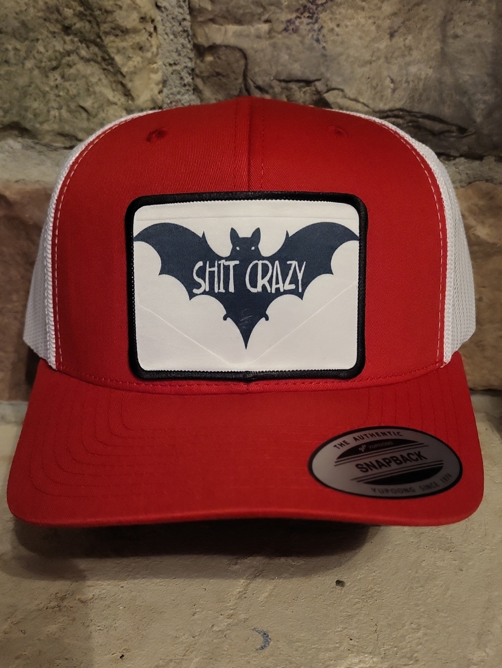 Red & White Trucker Hat with Bat Patch